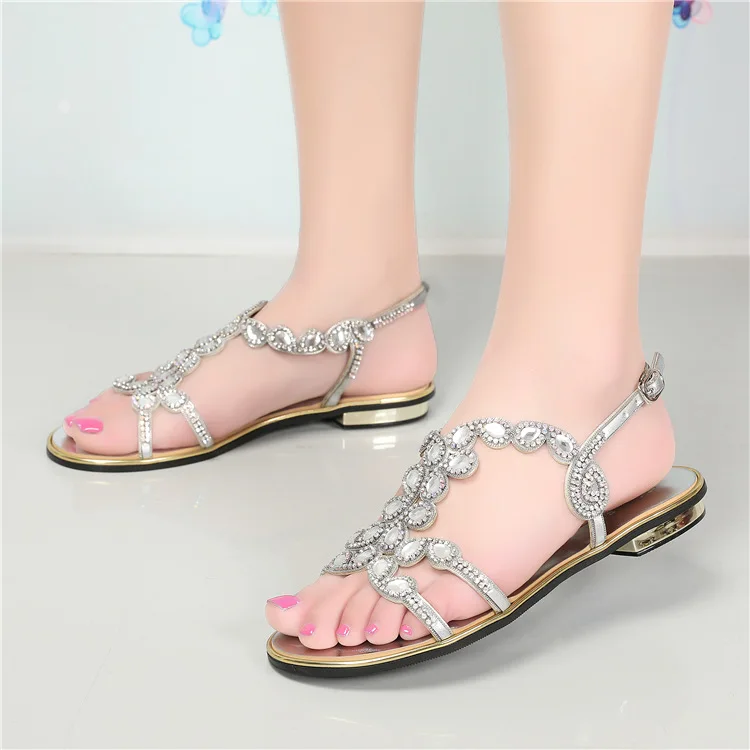 G-sparrow 2018 Summer Elegant Rhinestones Large Size Shoes Belt Buckles Casual Diamond Thick Heel Sandals Gold Silver Black4