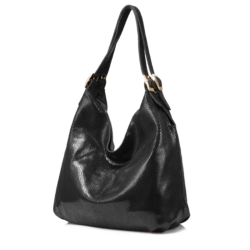 REALER женская сумка на плечо натуральная кожа модная женская сумка большая емкость высокого качества с серпантиными принтами - Цвет: Черный