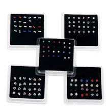 1 коробка, 5 стилей, нержавеющая сталь, CZ, кольца для носа, шар, разноцветный хрусталь, пирсинг, ювелирные изделия, серьги, губы