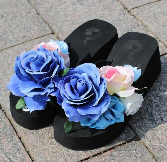 Мода женские цветки пляжные тапочки склон с нескользящей толстым дном сдобы сандалии, сандалии и тапочки невесты пляжная обувь