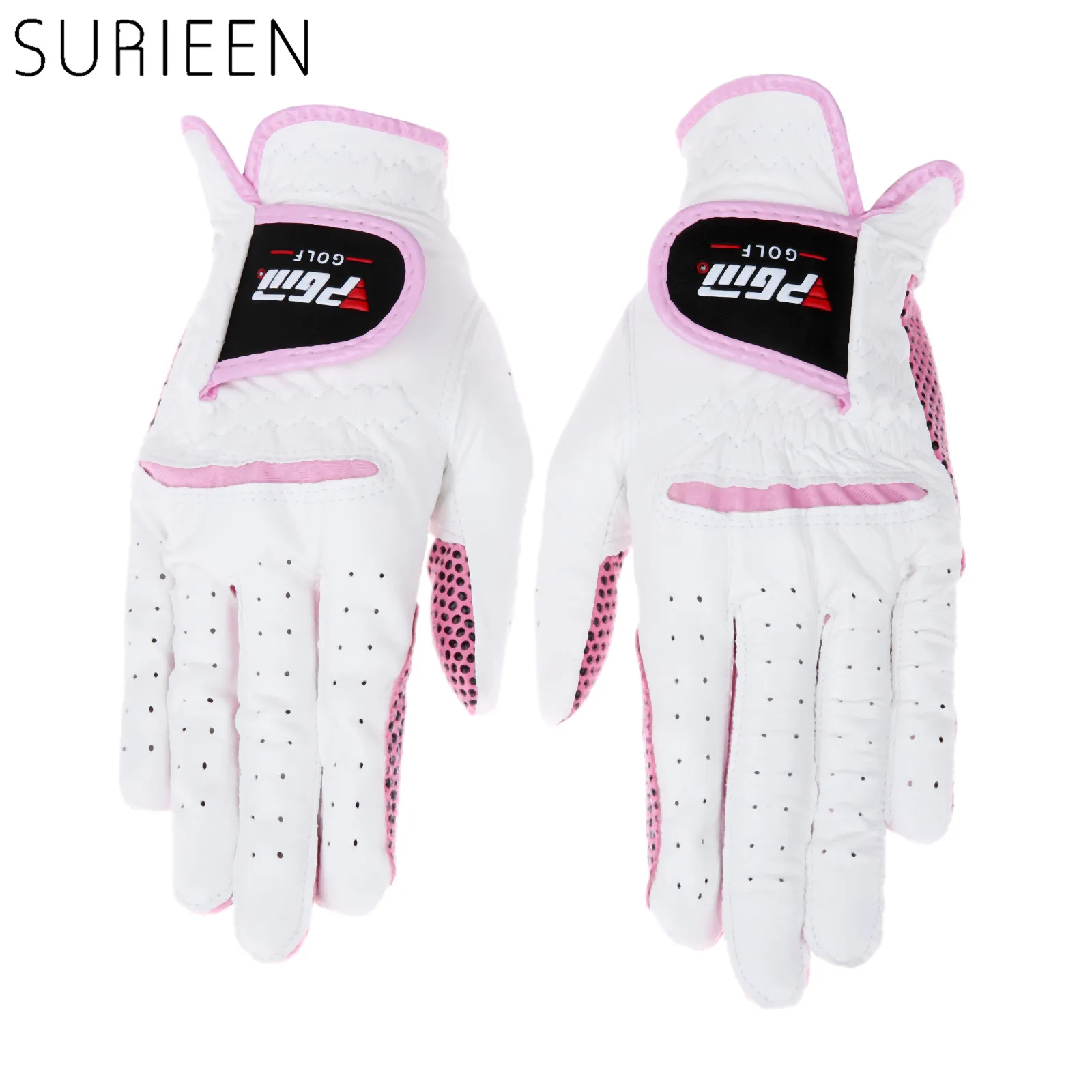 SURIEEN 1 пара кожа Кабретта Для женщин Гольф перчатки дышащие мягкие спортивные перчатки из натуральной женская модель кожаные перчатки для гольфа- без шнуровки - Цвет: White Pink