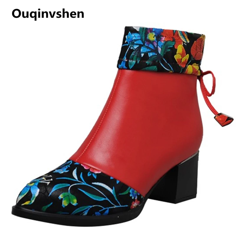 

Ouqinvshen Print Mixed Colors Women Ankle Boots Retro Sexy Zipper Pointed Toe Winter Shoes Women Butterfly-knot High Heels Boots