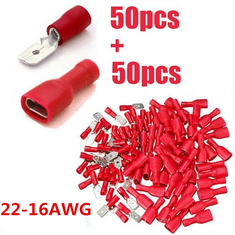

100pcs 50sets 6.3mm 22-16AWG Female & Male Insulated Spade Wire Crimp Terminal Cable Connector Kit Red FDFD1.25-250 MDD1.25-250