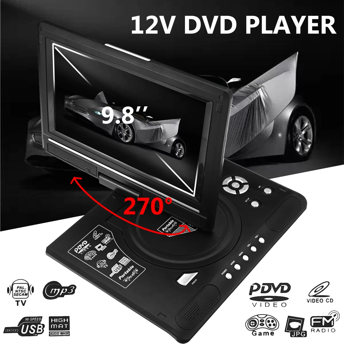 

12V 9.8'' Portable TV DVD Player Rechargeable 270 Degree Rotating Screen LCD Scree CD FM Radio TV DVD Game MP4 for Home Car