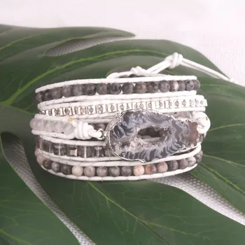 

5x leather wrap bracelet Natural stone crystal mix Multi Color combos bracelet for women