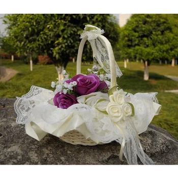 

Ribbon Lace Wedding Flower Girl Basket Wedding Ceremony Supplies Satin Flower Basket Party Romantic Decoration Container