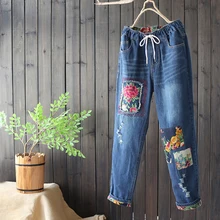 Новая модная одежда Для женщин джинсовые штаны длинные прямые джинсы брюки с цветочной аппликацией эластичный пояс дамы джинсы Леггинсы Брюки