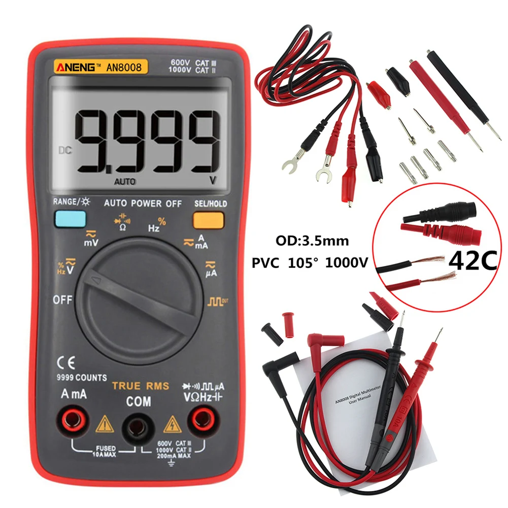 

ANENG AN8008 True-RMS Digital Multimeter 9999 Counts Square Wave Backlight AC DC Voltage Ammeter Current Ohm Auto/Manual