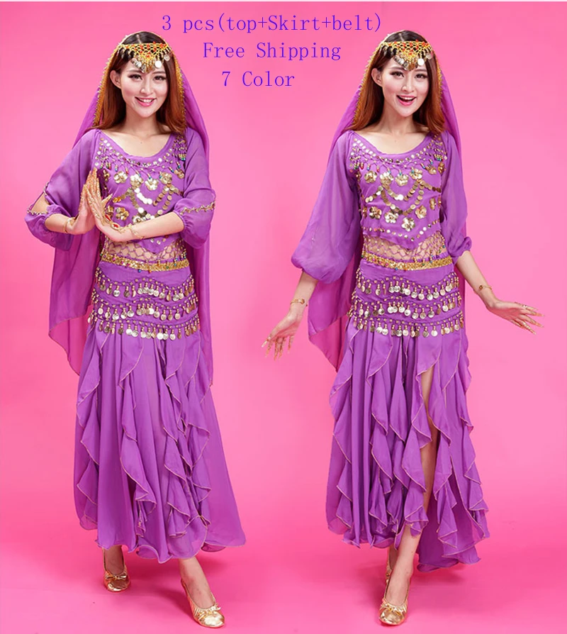Belly Dancing Costume Women New Arrival Set 3 Pcs (Top+Skirt+Belt)Coins Belly Dance 7 Color Cheap Indian Dance Dress