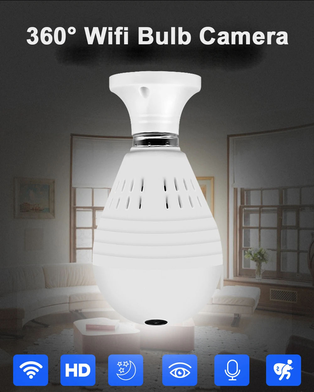 Hebeiros 3MP 1080P Bulb Lamp 360 Degree Fisheye Smart Wifi IP Camera Panoramic P2P Surveillance CCTV Camera