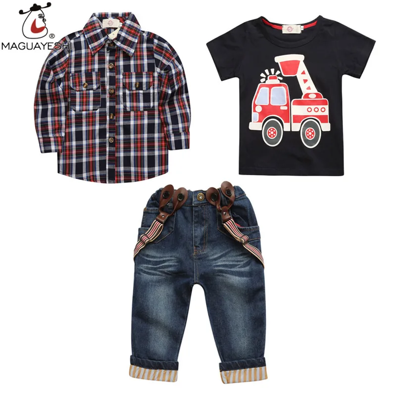 

Autumn Fashion Baby Boy Clothes Set Plaid Pocket Shirt Car Print T-shirt And Boys Suspender Jeans 3 pcs Children Clothing Sets