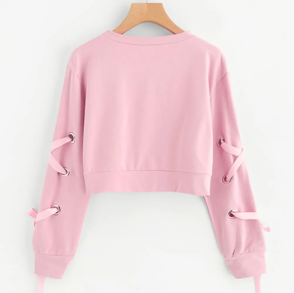 

Women's sweatshirt hoodies Casual Lace Up O-Neck Long Sleeve Jumper Pullover Crop Top Solid Sweatshirt pullovers sudadera mujer