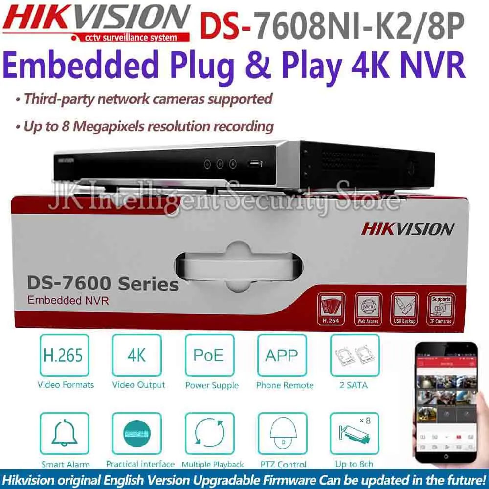 Hikvision DS 7608NI K2/8 P 8CH NVR 2SATA сетевой видеорегистратор Plug Play английская версия H.265