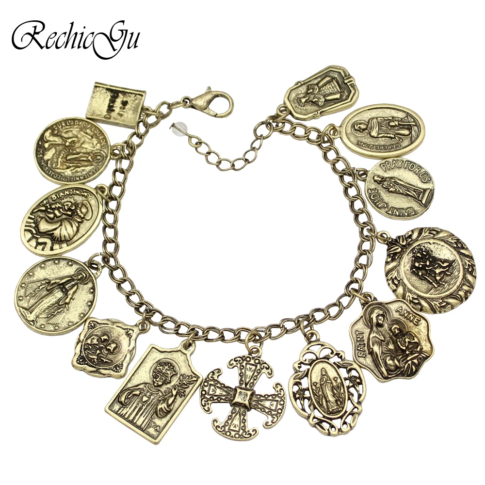 

Catholic Religious Church Medals Saints PRAY FOR US Cross Bible Chain Bracelets For Women Bangle Pulseira Masculina MenJewelry