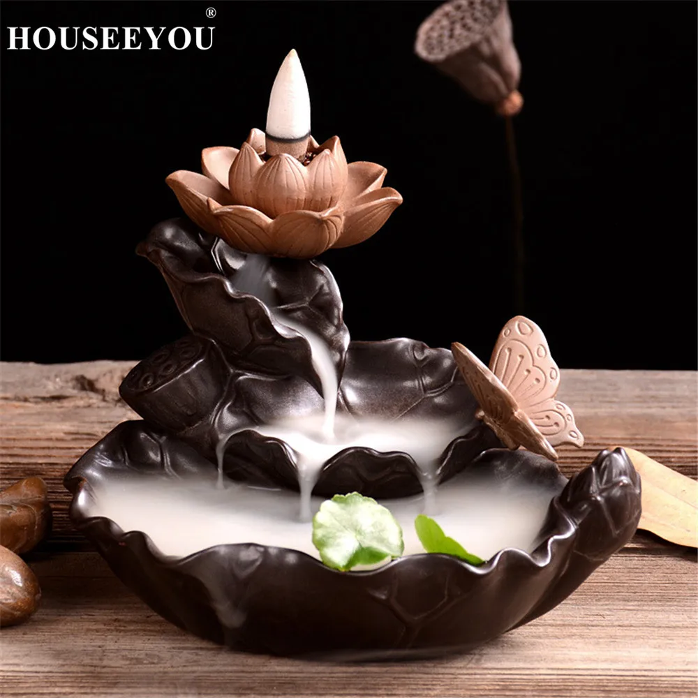 

Creative Green Plant Burner Waterfall Incense Holder Lotus Backflow Censer Aroma Burner Chinese Culture Office Tea House Decor