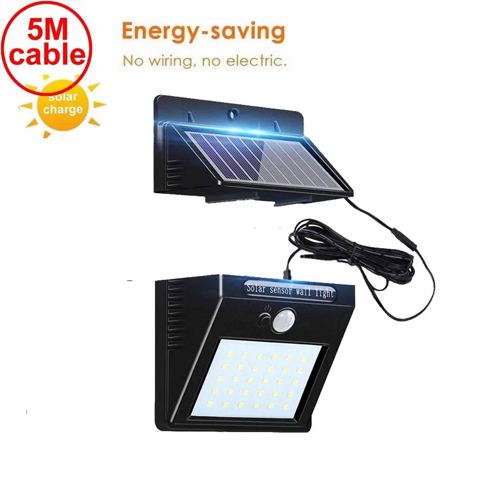 

30 LEDs Solar Powered Lights Outdoor Wireless Motion Sensor Security Waterproof Wall Spotlights Street Pathway lamp with 5M wire