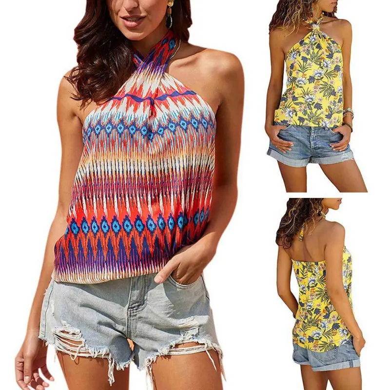 

Women Printed Sleeveless Halter Tshirt Ladies Girls Sexy Camis Tee Tops Summer Casual Loose Camisole Female Femme Vest Clothes