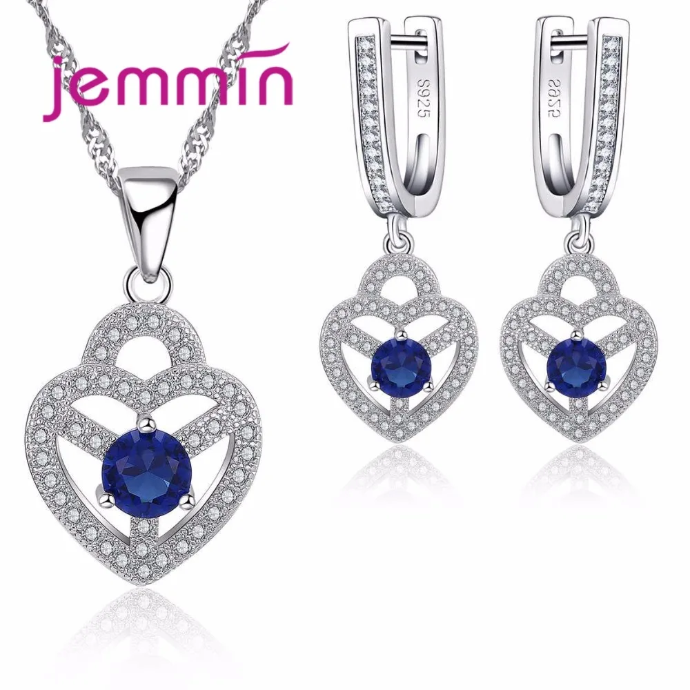 Jemmin Jewelry Sets For Brides Women Blue Crystal Sapphire Stone Pendant Wedding 925 Sterling Silver Color Earrings + Necklace