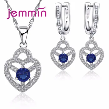 Jemmin Jewelry Sets For Brides Women Blue Crystal Sapphire Stone Pendant Wedding 925 Sterling Silver Color Earrings + Necklace