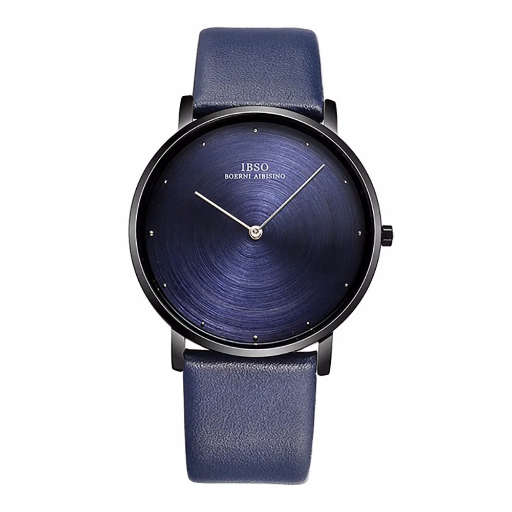 

2018 IBSO Designer Fashion Watches 7MM Ultra Thin Blue Dial Watches Genuine Leather Strap Analog Quartz Watches for Men 2822
