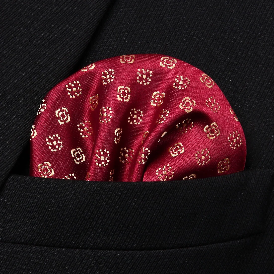 HF118R Red Gold Floral Dot Men Silk Party Handkerchief Pocket Square