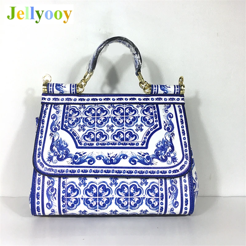 

Genuine Leather Blue and White Porcelain Retro Print Bag Flowers Print Shoulder Bags Famous Desigenr Luxury Brand Women Handbags