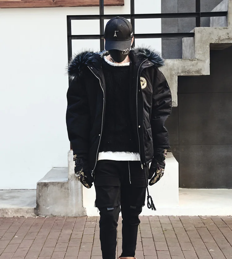 Мужская Зимняя Толстая парка с меховым воротником и капюшоном, мужская уличная куртка в стиле хип-хоп, панк, хлопковое Стеганое пальто, модное черное пальто