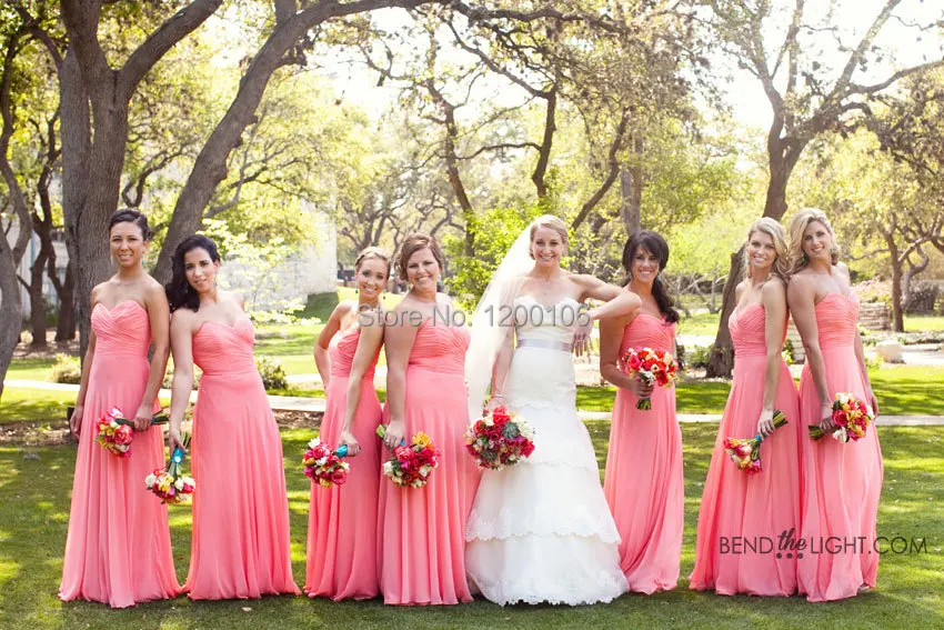 2014 Newest Design Romantic Sweetheart Coral Pink Long Chiffon Backless Floor Length font b Bridesmaid b