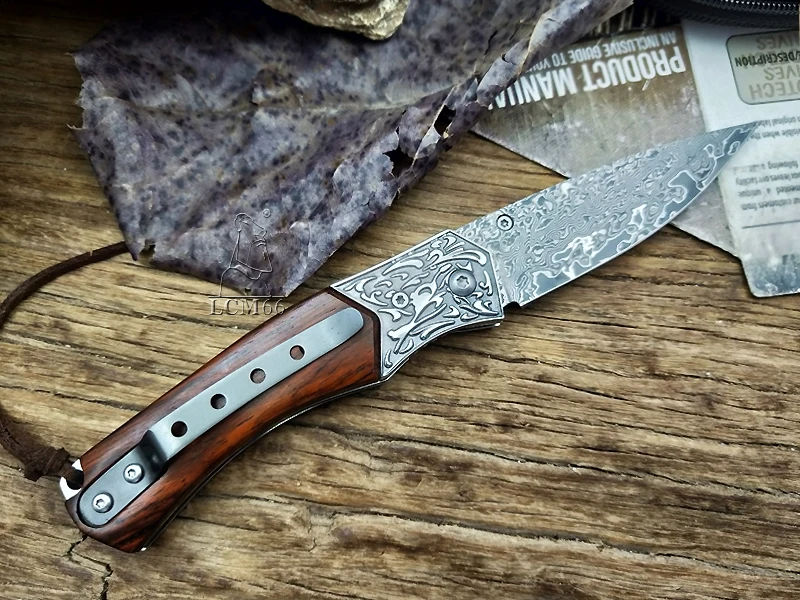 LCM66 дамасский складной нож ручной работы кованый нож охотничий нож 60HRC Палисандр Ручка с портативным ножом Инструменты острый открытый