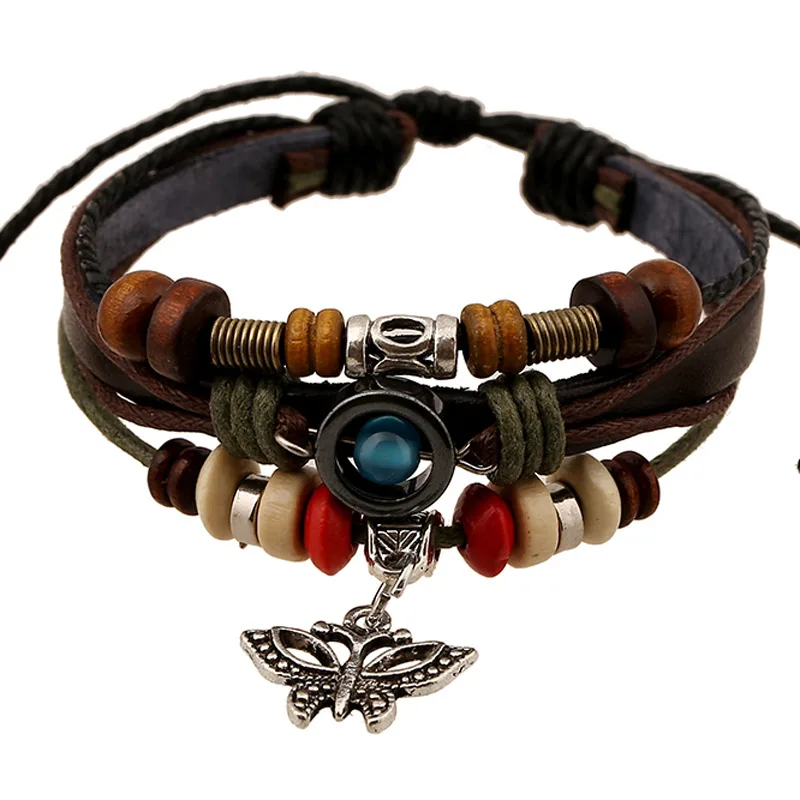 2016 New Fashion Genuine Leather Bracelet Vintage Silver Butterfly Ethnic Beaded Bracelets&ampBangles Unisex Jewelry Free Shipping |