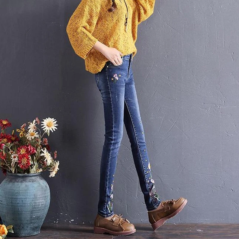 Женские джинсы с цветочной вышивкой, большие размеры, обтягивающие джинсы с вышивкой, эластичные винтажные джинсы с цветочным принтом, джинсы-карандаш с эффектом пуш-ап