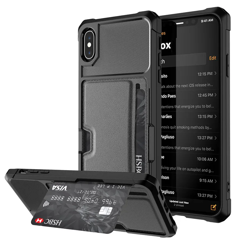 Роскошные кожаные карты бумажник чехол для iPhone Xs Max плюс Xr X 8 7 6 Plus стенд Гибридный Силиконовый Бампер Тонкий мягкая задняя крышка - Цвет: Black