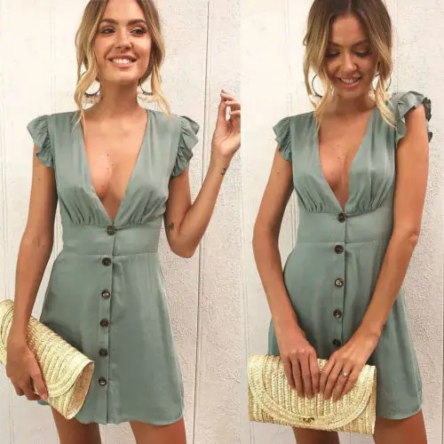 

Fashion Womens Deep V-neck Cotton Sleeveless Pencil Dress Summer Vestidos Ladies Boho Buttons Evening Party Short Mini Dresses