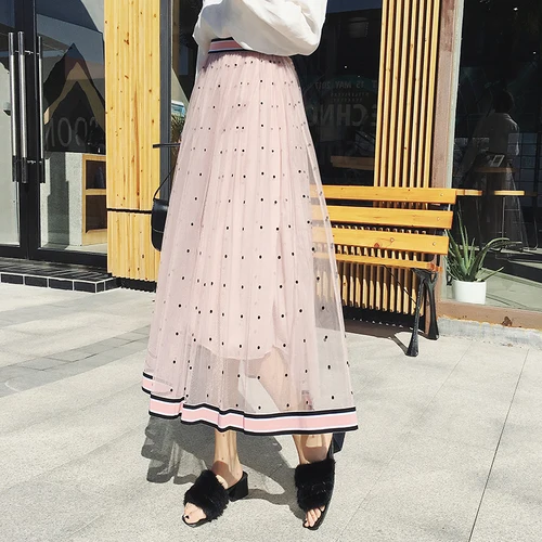 

TingYiLi Pink Tulle Skirt With Dot Spring Summer Women Skirt Black Gray Beige High Waist Vintage Long Skirt