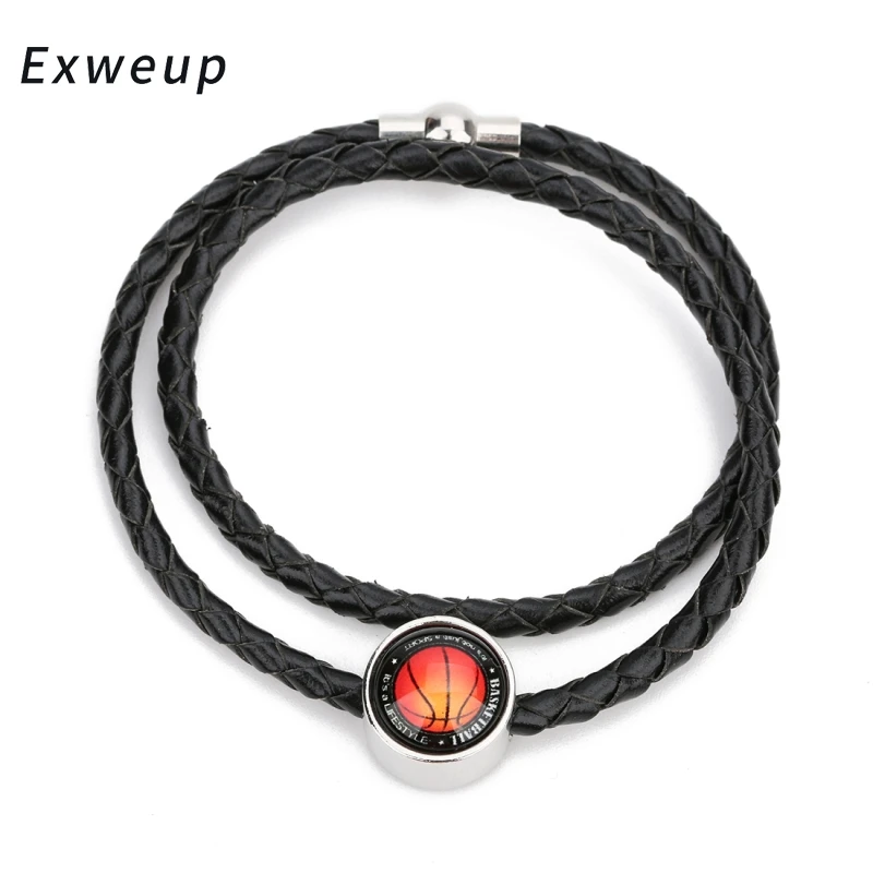 

New Basketball Charm Bracelets For Women Men 4mm Leather Rope Chain Bracelets Bangles Glass Cabochon Bracelets Jewelry Female