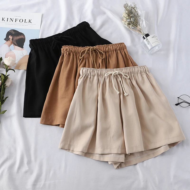 

Drawstring Cotton Shorts Women Casual Lace Up Elastic High Waist Shorts Spring Summer Vintage Beach Loose Wide Leg Shorts 2019