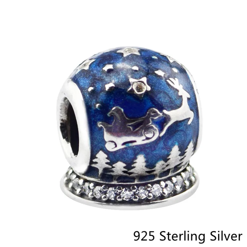 925 Sterling Silver Jewelry Christmas Night Blue Original Fashion Charms Beads Fits Pandora Bracelets DIY For