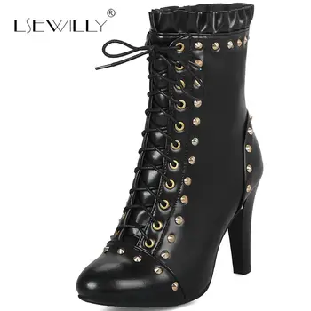 

Lsewilly 2018 Cross Tied Ruffles Lolita Girls Shoes High Heels Ankle Boots Rivet White Red Black Party Ladies Fashion Boots E87