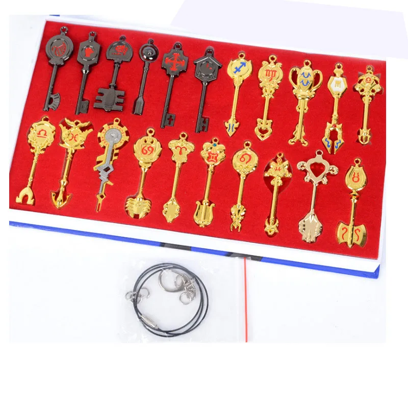 Koop Fairy Tail Sleutelhanger Cosplay Accessoires set Wapen Collectie Lucy Teken van de Dierenriem Gouden Sleutel Ketting Hangers voor Gift
