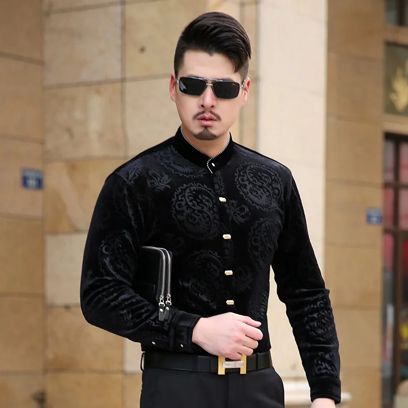 KUYO, мужские рубашки со стоячим воротником, с длинным рукавом, бархатная рубашка, мужская деловая мода, Chemise Masculina Camisa Vete, Мужская футболка - Цвет: Черный