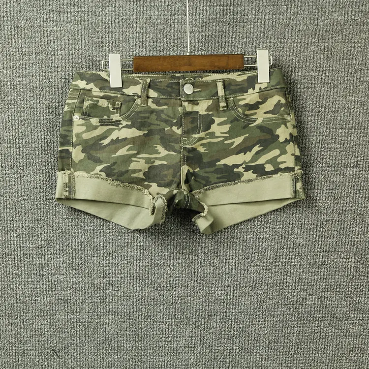 

Camouflage women summer fashion vintage water wash hem rolled-up casual shorts female trendy plus size cotton stretched bottom