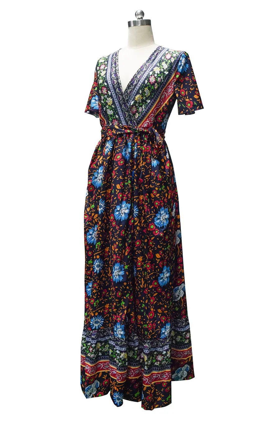 Gladiolus Bohemian Women Summer Dress Short Sleeve V Neck Floral Print Belt Tunic Split Sexy Beach Dresses Women 2019 Maxi Dress (13)