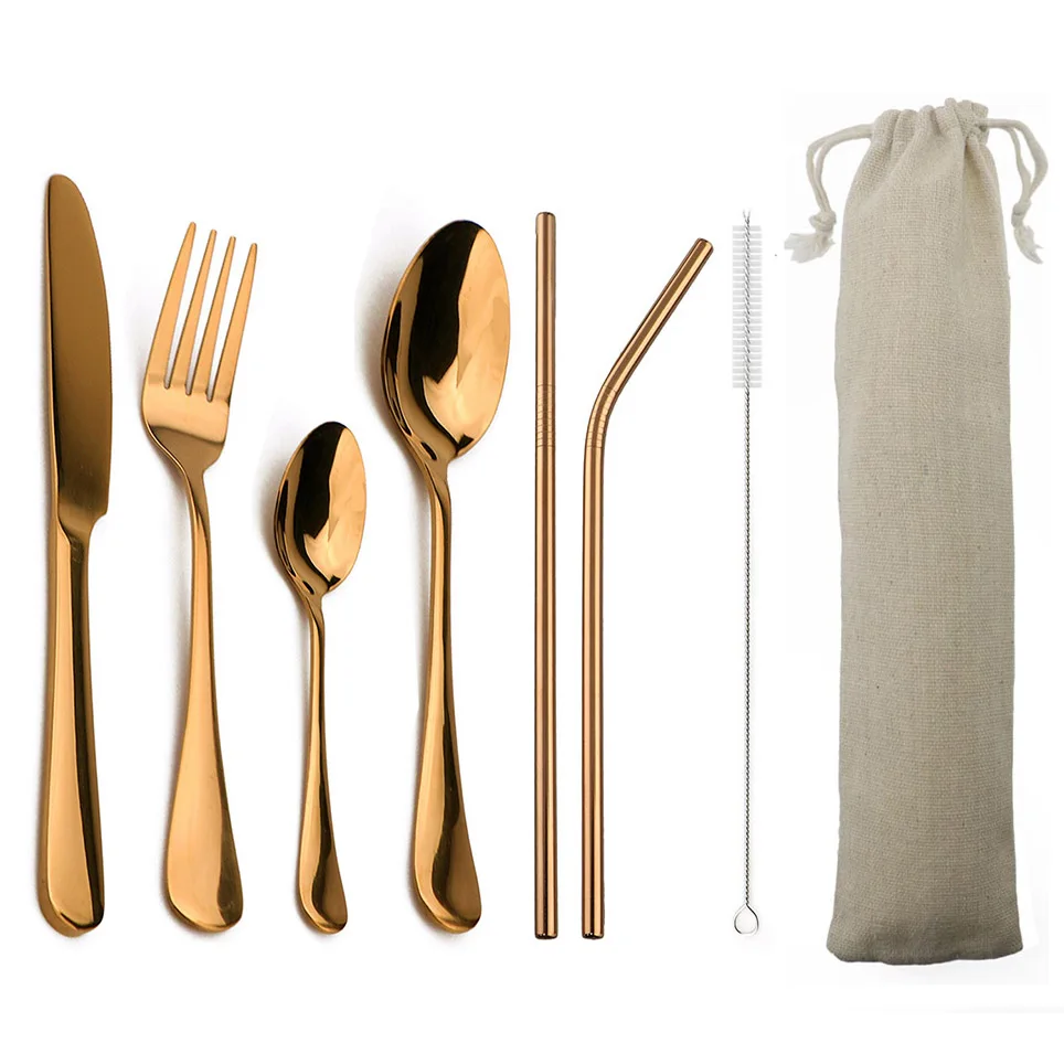 4-Pcs Dinnerware 2-Pcs Metal Straw Stainless Steel Tableware Knife Fork Teaspoon Silverware Cutlery
