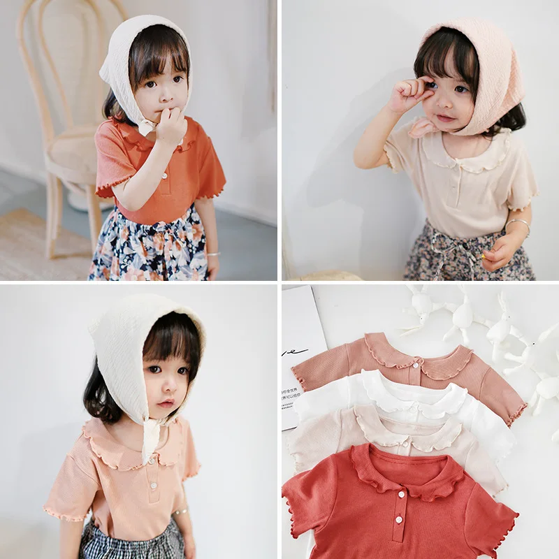 

2019 Girls White Bottoming Shirt 100% Cotton Baby Shirt Doll Collar Children's Wear Short-sleeved T-shirt Summer Tide TX053