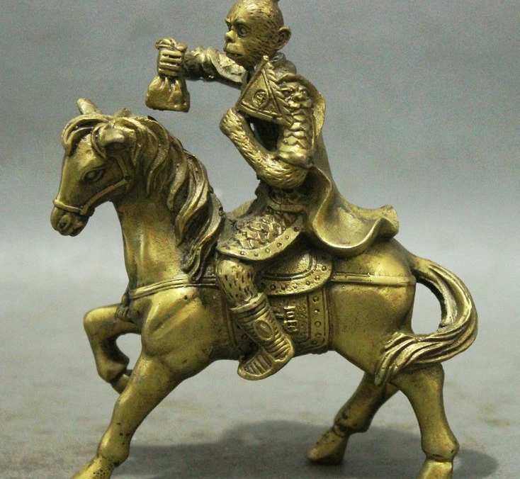 

Chinese Brass Wealth Year Zodic Monkey King Seal Ride Horse Set Statue Sculpture