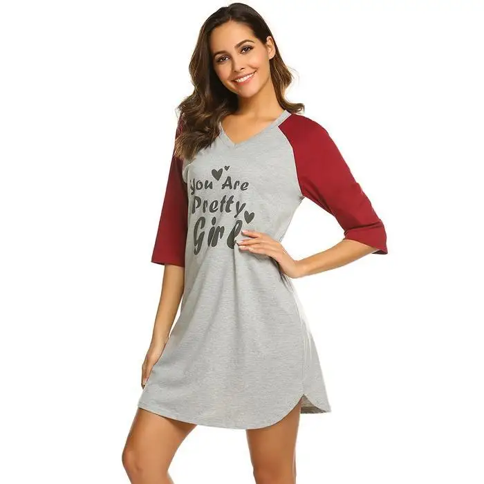 Ekouaer Summer Nightgown Chemise Sleepshirts Women Loose Home Dress Sleepwear V-Neck Letters Printed Nightwear Nightdress