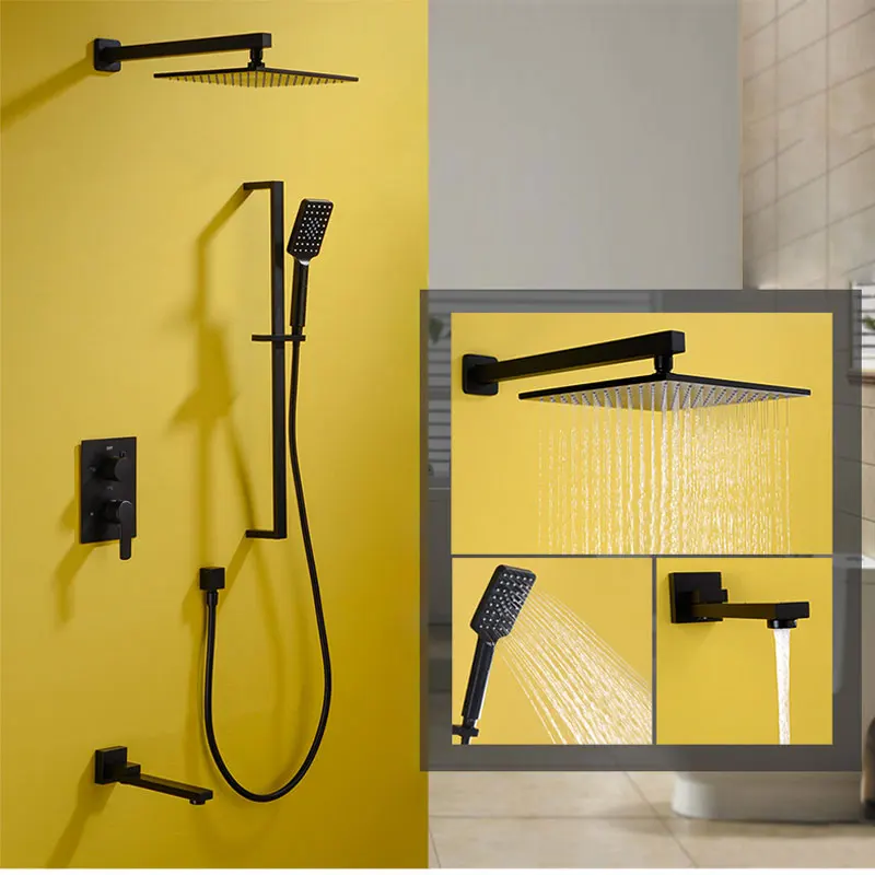 

All copper black hot and cold embedded wall type dark installed shower set thermostatic valve faucet