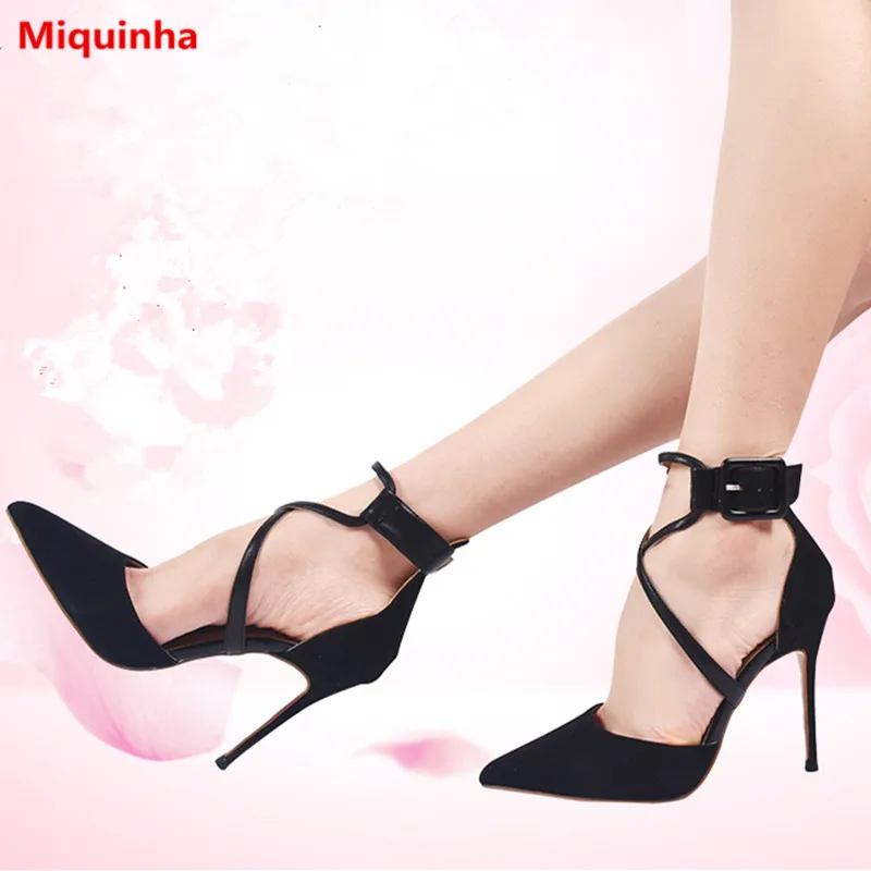 Miquinha Spring and Autumn Fashion Pointed Toe Buckle Strap Sweet Women Pumps Suede Thin Heel Women Casual Dress Pumps Shoes