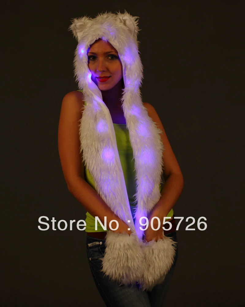 Faux Fur Animal Ears Hoodie with Long Scarf Gloves Paws Led Light Hood Hat Free Shipping LED1378 | Аксессуары для одежды