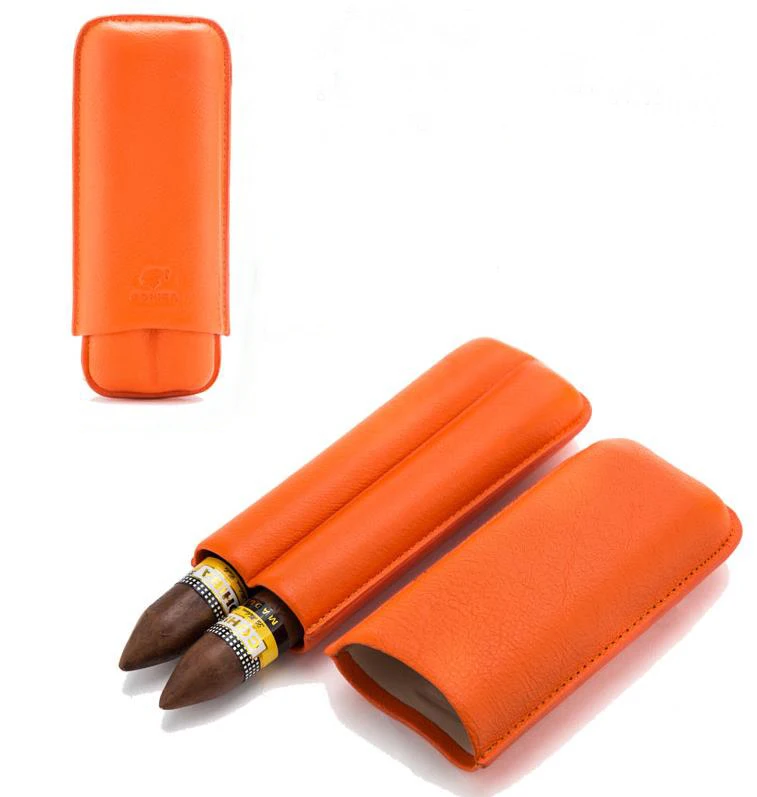 

COHIBA Brown Snake Style Pattern Embossed Leather Cigar Case Holder 2 Tube Portable Mini Cigar Humidor Cigarette Storage